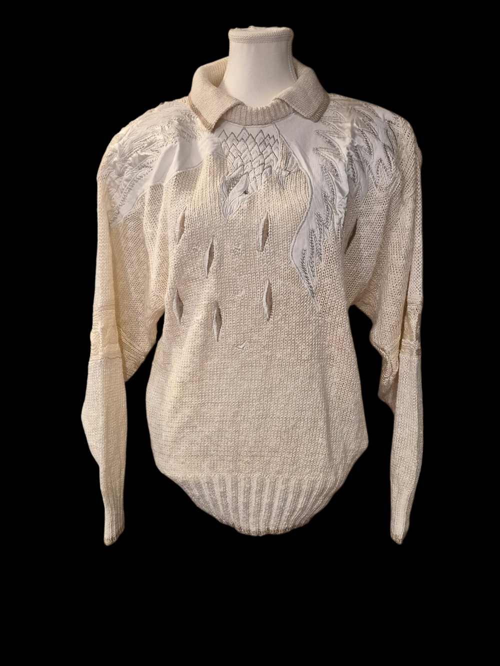 Vintage Suzelle Cream Knit Collared Sweater with Cutout Detail